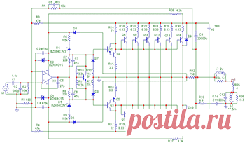 УМЗЧ без общего провода/
На схемотехнике этого девайса следует остановиться подробней. Прежде всего введение эмиттерных повторителей, которые управляют шиной питания, позволило соединить ВСЕ коллекторы силовых транзисторов вместе и кроме этого, это точка соединения является общим проводом. Другими словами ВСЕ коллекторы силовой части можно прикручивать к ОДНОМУ радиатору БЕЗ диэлектрических прокладок, причем этот радиатор БЕЗ прокладок может соединяться с корпусом самого усилителя.
