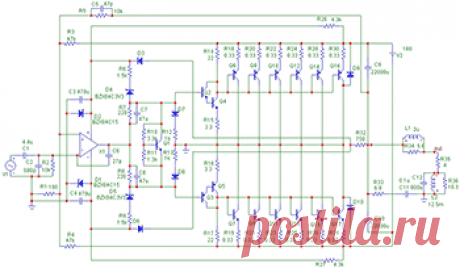 УМЗЧ без общего провода/
На схемотехнике этого девайса следует остановиться подробней. Прежде всего введение эмиттерных повторителей, которые управляют шиной питания, позволило соединить ВСЕ коллекторы силовых транзисторов вместе и кроме этого, это точка соединения является общим проводом. Другими словами ВСЕ коллекторы силовой части можно прикручивать к ОДНОМУ радиатору БЕЗ диэлектрических прокладок, причем этот радиатор БЕЗ прокладок может соединяться с корпусом самого усилителя.