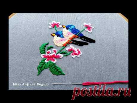 Cute Twin Birds on Tree Hand Embroidery  video:Secrets of embroidery by Miss Anjiara-14: #Miss_A
