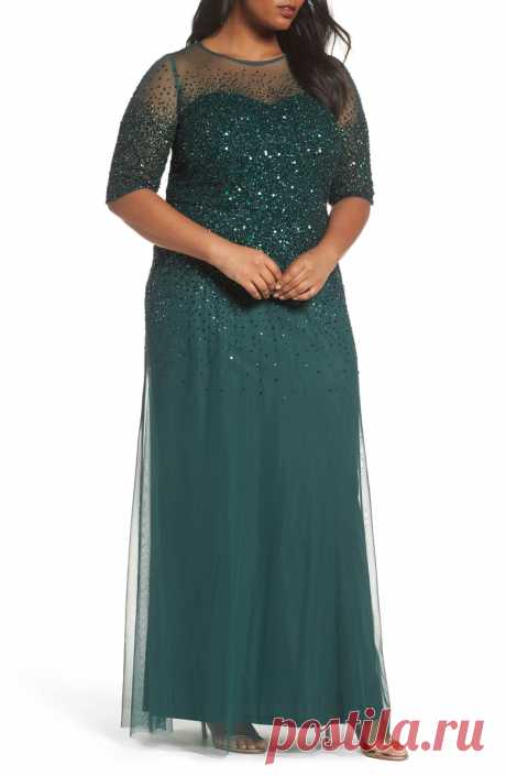 Adrianna Papell Beaded Illusion Gown (Plus Size) | Nordstrom Free shipping and returns on Adrianna Papell Beaded Illusion Gown (Plus Size) at Nordstrom.com. A swirling galaxy of silvery beads and sequins scatters across the ethereal mesh overlay of an illusion bodice gown that cascades down to just brush the floor.