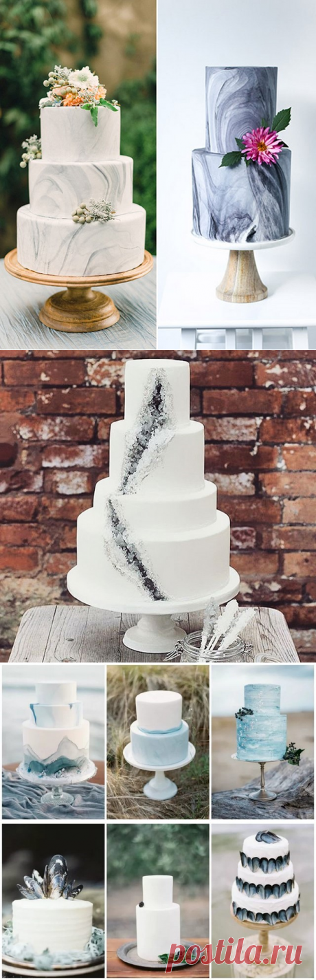 Модные свадебные торты 2017 с имитацией мрамора и минералов и камней.