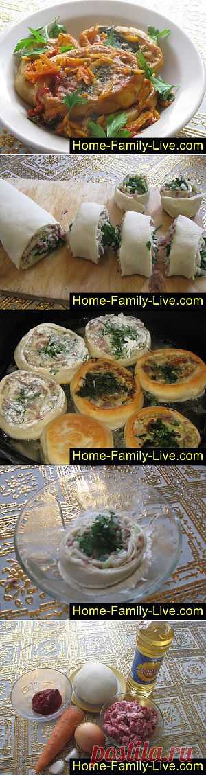 Кулинарные рецепты Гусарики - пошаговый фоторецепт - рулет из теста с мясным фаршем в соу