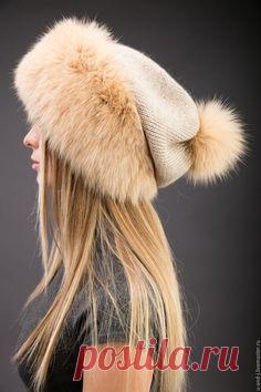 Купить Меховая шапка с помпоном с песцом - шапка с помпоном, шапка женская, шапка вязаная