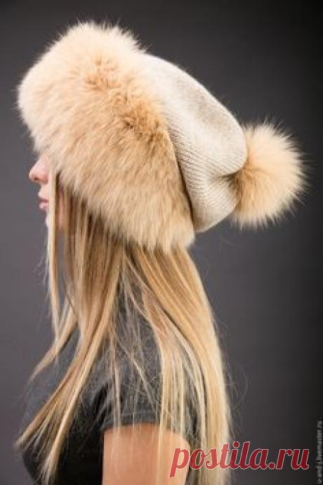 Купить Меховая шапка с помпоном с песцом - шапка с помпоном, шапка женская, шапка вязаная
