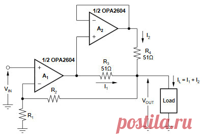 DOUBLE  THE  OUTPUT  CURRENT  TO  A  LOAD
WITH  THE  DUAL  OPA2604  AUDIO  OP  AMP.
By Morgan Monks.
Headphones typically have an impedance of 40Ω
 to 300Ω. By  using  the  dual  OPA2604  and  four  resistors  one  can
economically  drive  a  2.8V  peak  signal  into  the  40Ω headphones.