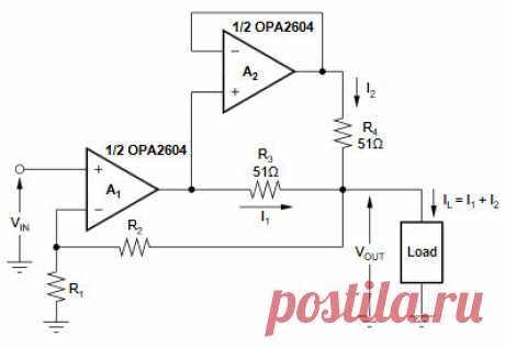 DOUBLE  THE  OUTPUT  CURRENT  TO  A  LOAD
WITH  THE  DUAL  OPA2604  AUDIO  OP  AMP.
By Morgan Monks.
Headphones typically have an impedance of 40Ω
 to 300Ω. By  using  the  dual  OPA2604  and  four  resistors  one  can
economically  drive  a  2.8V  peak  signal  into  the  40Ω headphones.