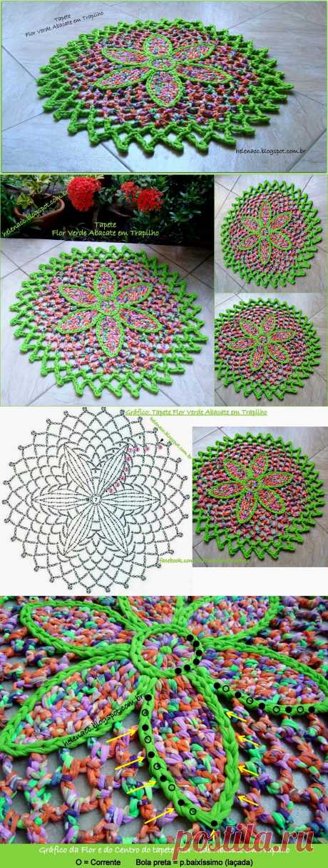 EU TAMBÉM CROCHETO...: Tapete Flor Verde Abacate em Trapilho