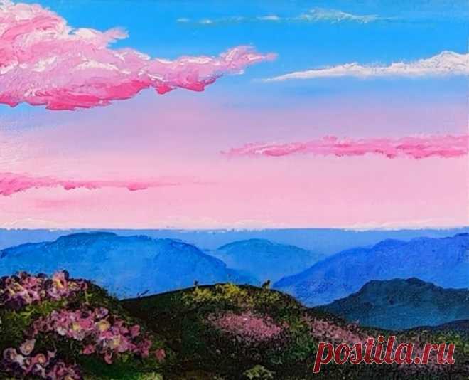 Рисуем пейзаж с розовыми облаками