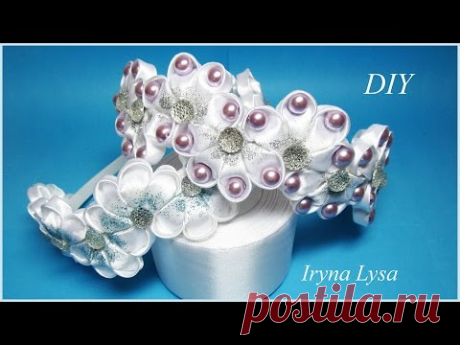 Как сделать детский новогодний ободок «Зигзаг с бусинами», DIY Headband, Kanzashi, Tutorial #50