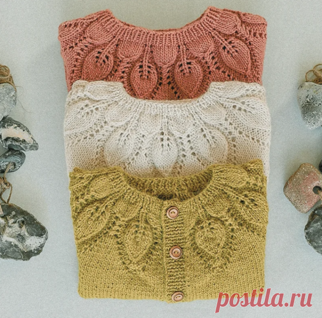 Вяжем красивый джемпер с листиками и круглой кокеткой спицами