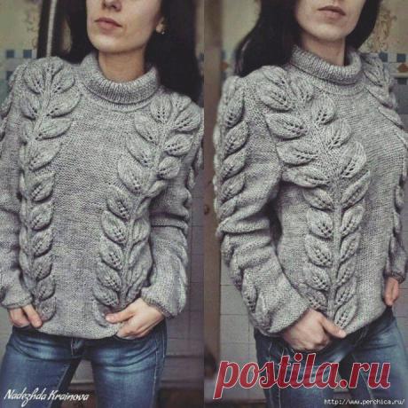 Кардиган спицами, узор &quot;Ветка с листьями&quot;