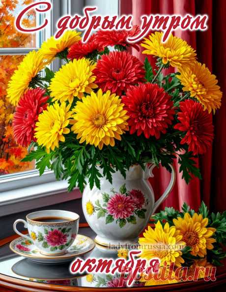 Красивая открытка с добрым октябрьским утром с букетом цветов, красные и желтые хризантемы и чашка кофе, картинка с добрым утром октября