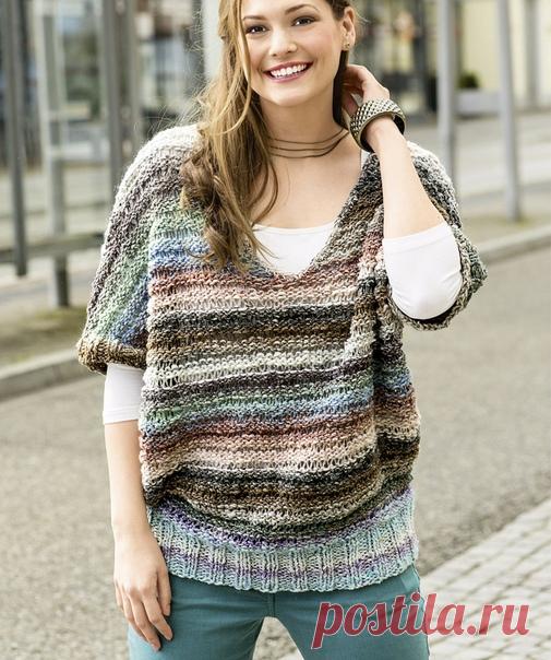 Безрукавка из пряжи секционного крашения 

Пулундер V-образного силуэта выполнен изнаночной гладью, при этом каждые два ряда чередуются толстые и тонкие спицы, таким образом возникает ажурный узор.

РАЗМЕРЫ 
42/44 (46/48) 50/52 (54/56) 

ВАМ ПОТРЕБУЕТСЯ 
Пряжа секционного крашения (55% шерсти, 35% шелка, 10% мохера; 160 м/ 100 г) — 400 (500) 500 (600) г пастельных тонов; спицы №7 и 15 (при рыхлом вязании) или №8 и 20 (при плотном вязании); крючок №8 или 9. 

УЗОРЫ И СХЕМЫ ...