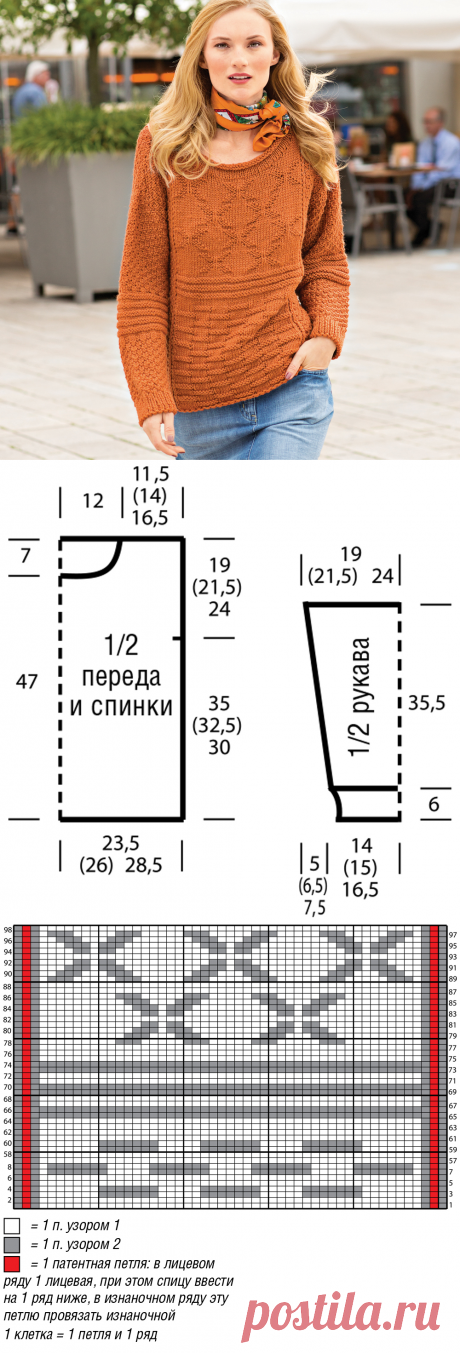 Простой джемпер с рельефными узорами спицами