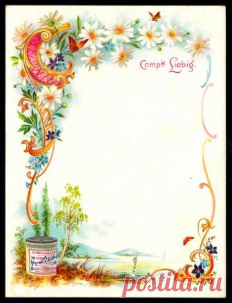 Liebig Tradecard T15 - Table Card, 1898 Liebig's Beef Extract "Floral Framework With Landscapes" - table card, French issue, 1898