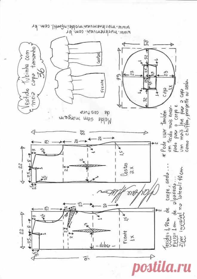 Vestido tubinho com babado meia capa godê no decote - DIY - molde, corte e costura - Marlene Mukai