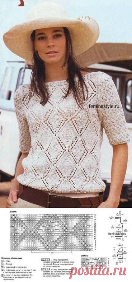 Пуловер из узора с ромбами льняного цвета спицами / Рукоделие / Домоводство / Женские секреты / Женский стиль