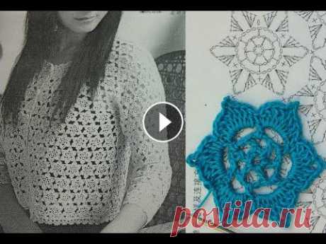 ????Цветочные мотивы крючком+схема. Вязание для начинающих Урок 60  crochet flower motifs Вязание крючком цветочных мотивов. Соедините их и получите точно такую кофточку. Вязать мотив легко, посмотрите видео и убедитесь сами....