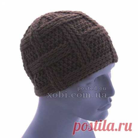 мужская шапочка с рельефным узором вязаная крючком