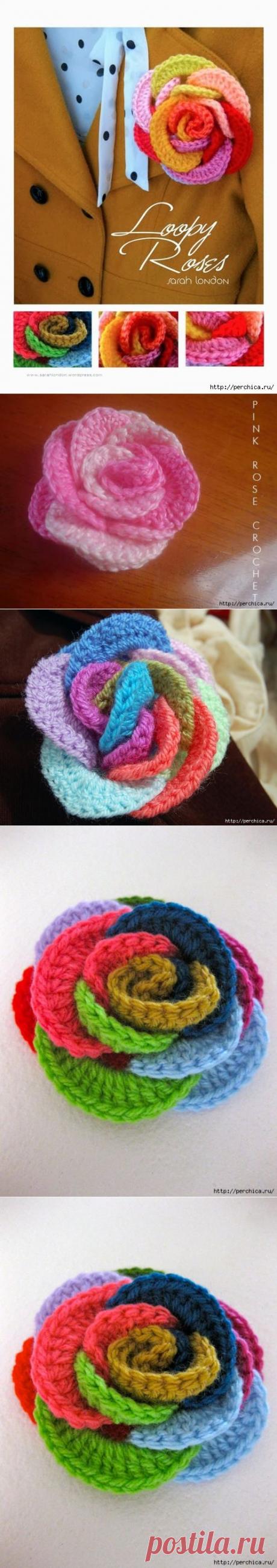 Роза-радуга связанная крючком - подробный мастер-класс