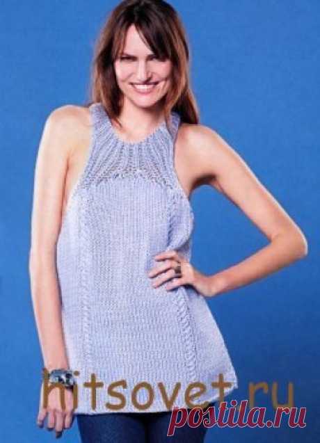 Вязаный топ небесного цвета - Хитсовет Вязаный топ - Вам потребуется: пряжа (40 % полиамида, 30 % бамбука, 15 % кашмирской шерсти, 15 % шелка; 50 г на 75 м) - 6 (7) мотков серо-голубой; спицы № 10; круговые спицы № 10 длиной 60 см; крючок № 7; 1 пуговица диаметром 18 мм.