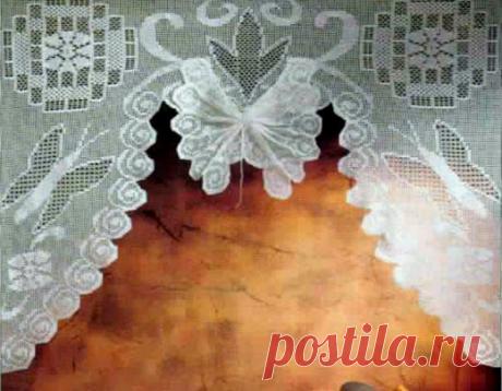 Занавеска-бабочка с ламбрикеном Филейная занавеска-бабочка с ламбрикеном. Схема вязания крючком