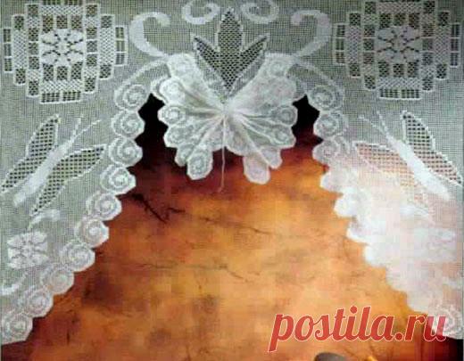 Занавеска-бабочка с ламбрикеном Филейная занавеска-бабочка с ламбрикеном. Схема вязания крючком