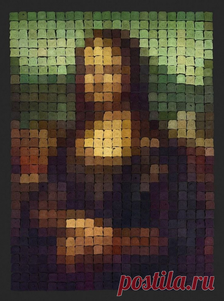 an abstract painting of a man's face with squares in the middle and green background