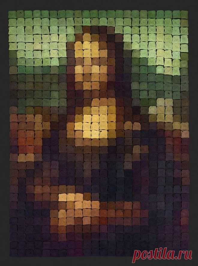an abstract painting of a man's face with squares in the middle and green background