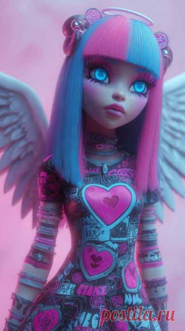Милая ангел в стиле Monster High с розовыми волосами и голубыми глазами. Генерация из нейросети Midjourney - Midjourney примеры промтов - Форум ИИ о нейросетях - Yes Ai