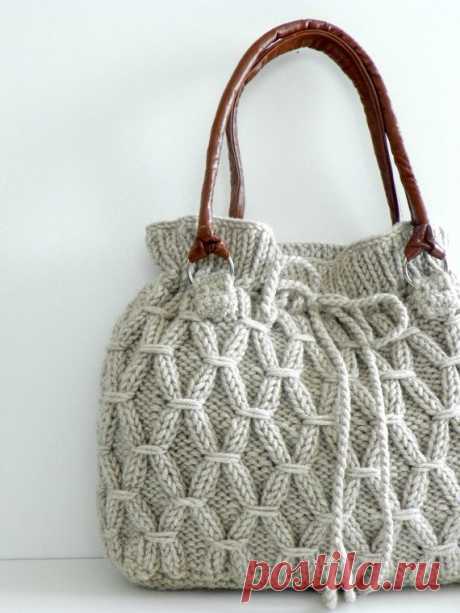 (434) Bag, NzLbags - Beige-Ecru Knitted Bag, Handbag - Shoulder Bag, Leather Strap