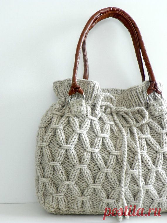 (434) Bag, NzLbags - Beige-Ecru Knitted Bag, Handbag - Shoulder Bag, Leather Strap