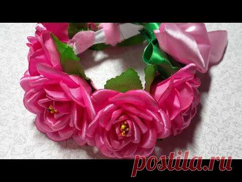 Резинка на пучок из атласных роз. Канзаши. Kanzashi.