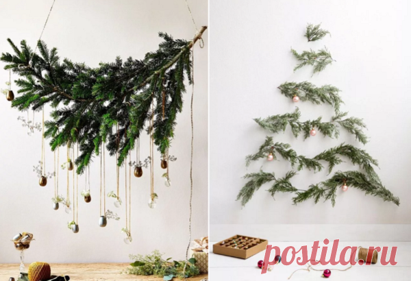 Долой целую елку - елка на стене из веток – и места не займет, и карман не опустеет