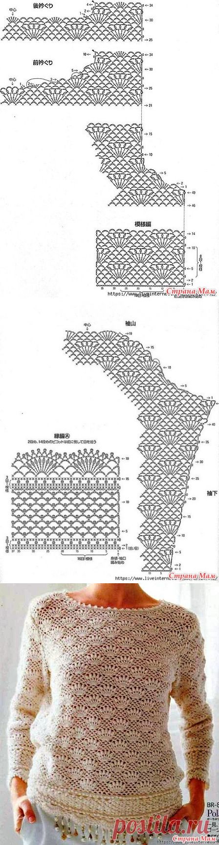 Стильный пуловер красивым веерным узором. Крючок. - ВЯЗАНАЯ МОДА+ ДЛЯ НЕМОДЕЛЬНЫХ ДАМ - Страна Мам