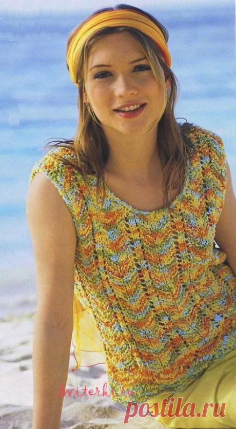 Вязаный спицами ажурный меланжевый топ