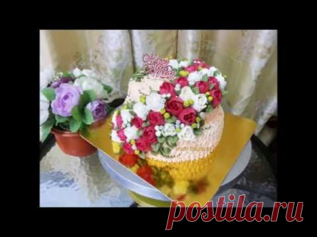 เค้ก2ชั้นแต่งกุหลาบจากหัวบีบฝาขวด buttercream rose cake