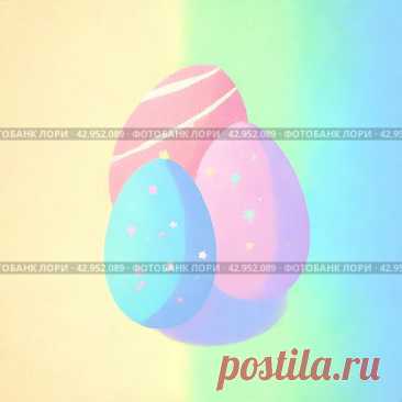 Three colorful Easter eggs on pastel yellow, green and blue gradient background, cute, playful and whimsical mood. AI generative art. Редакционное AI-изображение, AI-художник Ilaronsia / Фотобанк Лори