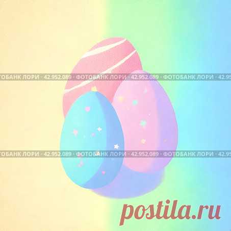 Three colorful Easter eggs on pastel yellow, green and blue gradient background, cute, playful and whimsical mood. AI generative art. Редакционное AI-изображение, AI-художник Ilaronsia / Фотобанк Лори