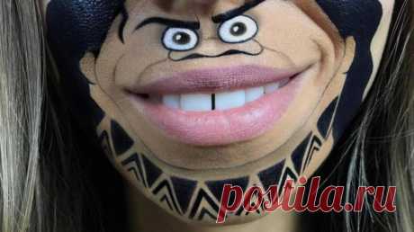 Талантливая девушка рисует на губах смешных персонажей мультфильмов . Милая Я