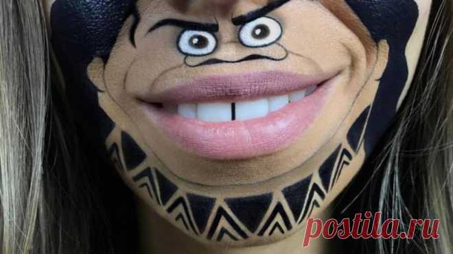 Талантливая девушка рисует на губах смешных персонажей мультфильмов . Милая Я