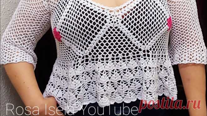 Video completo Blusa Muy fácil tejida con cuadros y punto en V