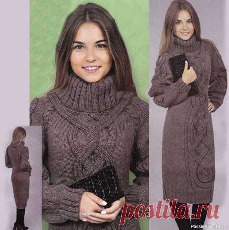 Зимнее платье спицами — выкройка и схема вязания Теплое платье не даст вам замерзнуть даже когда на улице сильный мороз. Модель выполнена по схеме вязания спицами, украшена косой, которая спускается от горловины до самого низа.Размер: 50Материалы: 1100 г пряжи серого цвета (50% шерсть, 50% акрил, 220 м/100 г), круговые спицы №4 и 1 пара...