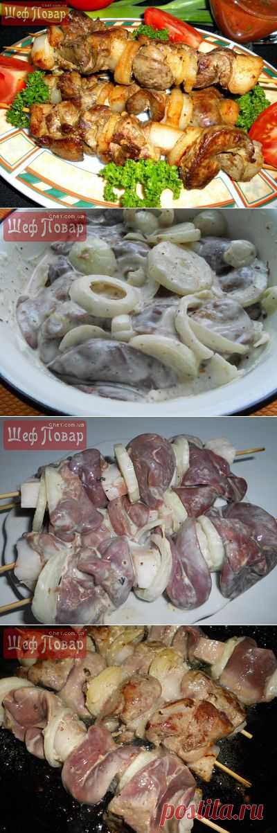 Шашлык на сковороде из куриной печени.