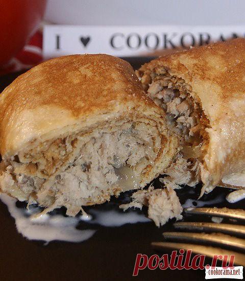 Блины на пиве с мясной начинкой запеченые в сливках