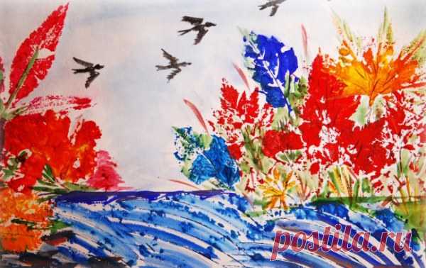 Отпечатки из листьев
Все так же, как в случае в овощами и фруктами.