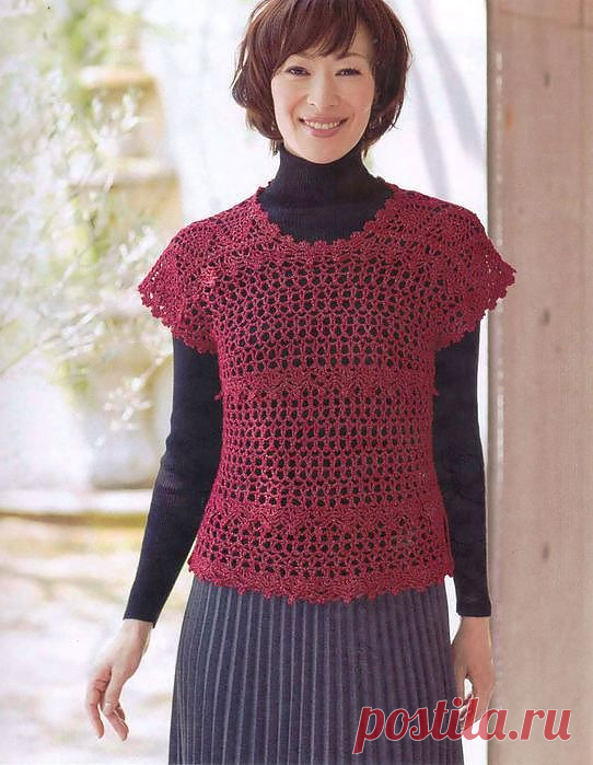 АЖУРНЫЙ ТОП - ЖИЛЕТ С "АНАНАСОВОЙ" КОКЕТКОЙ - ПОГОНАМИ .