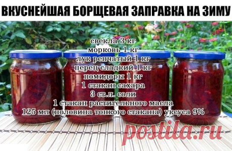 Очень удобно зимой — баночку маленькую открыл — и борщик за полчаса готов! Можно без мяса, можно на бульоне, можно на тушенке — вообще минутное дело!

Ингредиенты:

свекла 3 кг
морковь 1 кг
лук репчатый 1 кг
перец сладкий 1 кг
помидоры 1 кг
1 стакан сахара
3 ст.л. соли
1 стакан растительного масла
125 мл (половина тонкого стакана) уксуса 9%— выход: около 12 банок по 0,5л!

Приготовление:1. Все овощи помыть, почистить, далее слоями уложить в таз в следующей последовательнос...