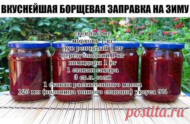 Очень удобно зимой — баночку маленькую открыл — и борщик за полчаса готов! Можно без мяса, можно на бульоне, можно на тушенке — вообще минутное дело!

Ингредиенты:

свекла 3 кг
морковь 1 кг
лук репчатый 1 кг
перец сладкий 1 кг
помидоры 1 кг
1 стакан сахара
3 ст.л. соли
1 стакан растительного масла
125 мл (половина тонкого стакана) уксуса 9%— выход: около 12 банок по 0,5л!

Приготовление:1. Все овощи помыть, почистить, далее слоями уложить в таз в следующей последовательнос...