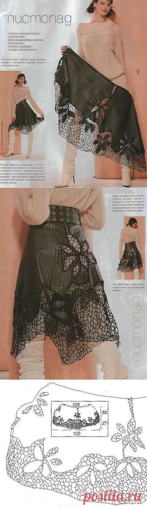 Кожа и трикотаж крючком. Хочу такую юбку).